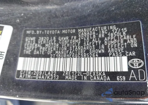 2016 Toyota Corolla S Premium from USA, damaged, VIN 2T1BURHE6GC585264